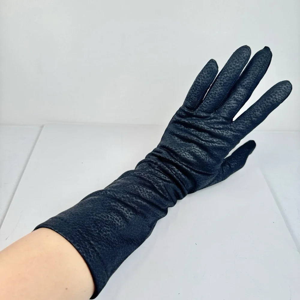 VTG 1950s Black Leopard Nylon Long Dress Gloves Size B Made In USA Opera Evening